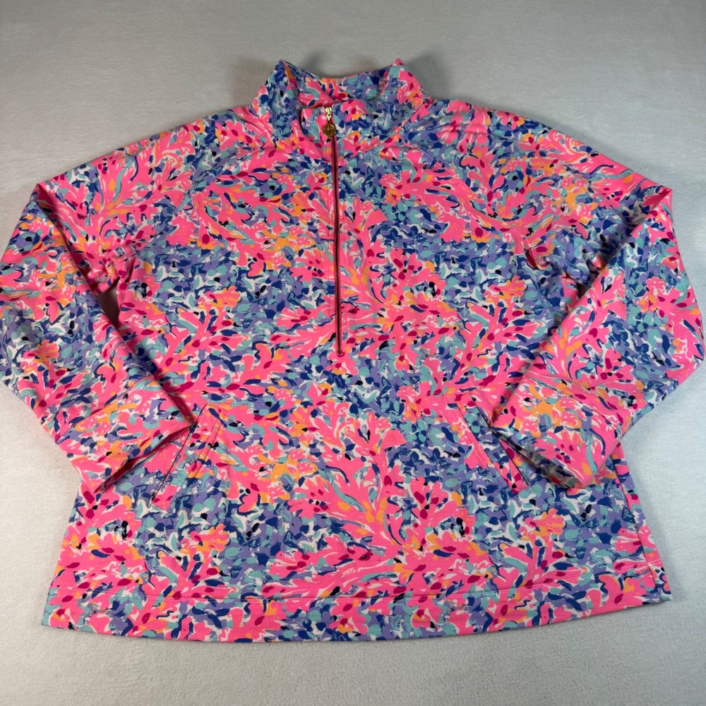 Lilly Pulitzer Pullover Coco Coral Crab XL Pink Coastal Floral Quarter Zip